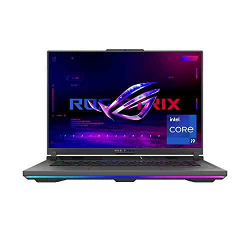 ASUS ROG Strix G16 gaming laptop showcasing 16" QHD display and Intel Core i9 branding on screen.