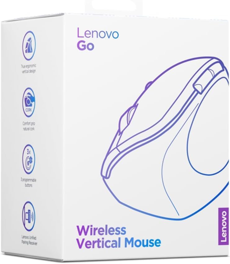 Lenovo Go Wireless Vertical Computer Mouse - Eco Friendly, Ergonomic 45-Degree Grip, Right-Handed, Programmable Buttons – 2.4 GHz USB Receiver, 12 Month Battery Life (Storm Grey) - متجر الجيل العربي الرقمي