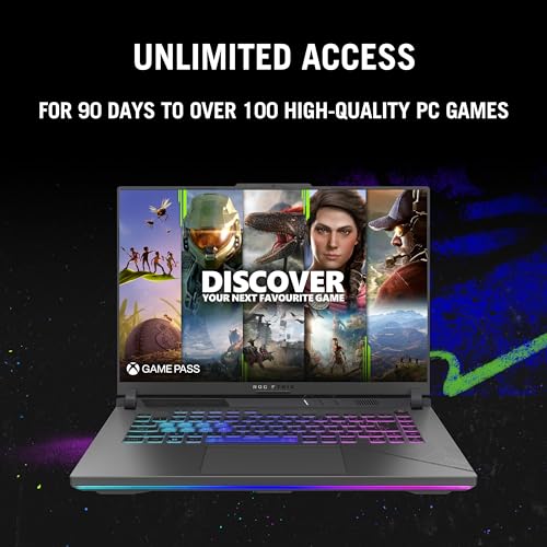 ASUS gaming laptop with vibrant RGB keyboard showcasing Game Pass unlimited access to 100+ PC games for 90 days.