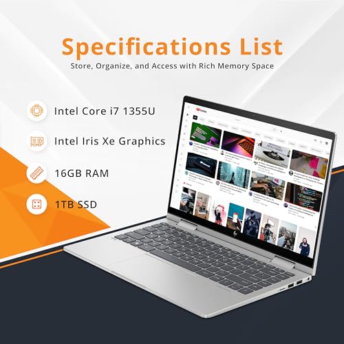 HP Envy x360 2-in-1 14" FHD Touchscreen Laptop, Intel Core i7-1355U, 16GB RAM, 1TB SSD, Backlit Keyboard, 5MP Camera, Fingerprint Reader, Wi-Fi 6E, Win 11, Silver - متجر الجيل العربي الرقمي