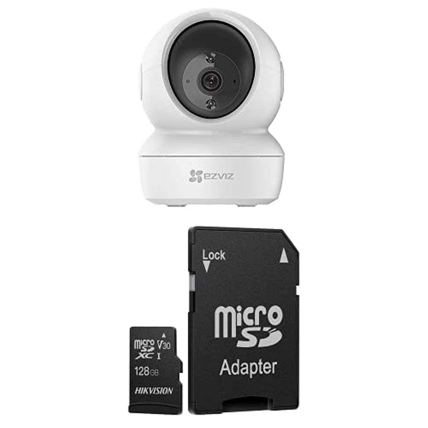 Ezivz C6N smart indoor security camera with microSD card and adapter, featuring night vision and two-way audio.