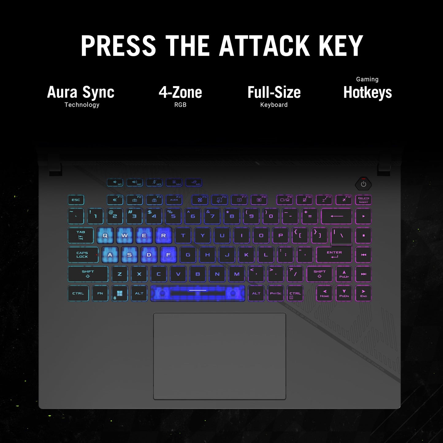 ASUS ROG Strix G16 keyboard with Aura Sync, 4-zone RGB lighting, and gaming hotkeys for enhanced gaming experience.