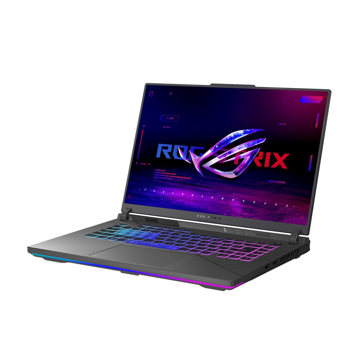 ASUS ROG Strix G16 gaming laptop with vibrant display and RGB backlit keyboard, showcasing ROG logo and design.