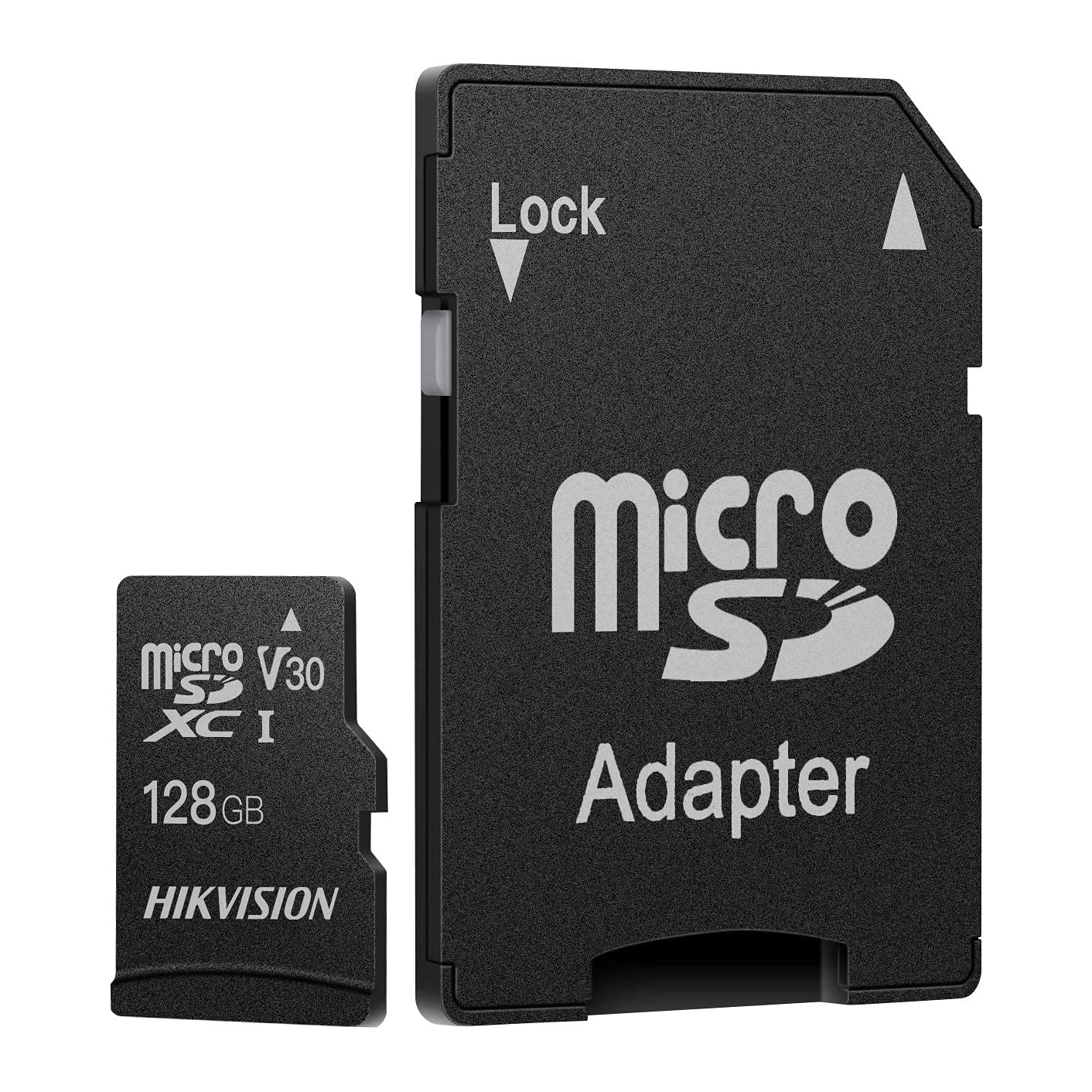 Micro SD card and adapter set, 128GB capacity, Hikvision, suitable for high-speed data transfer.