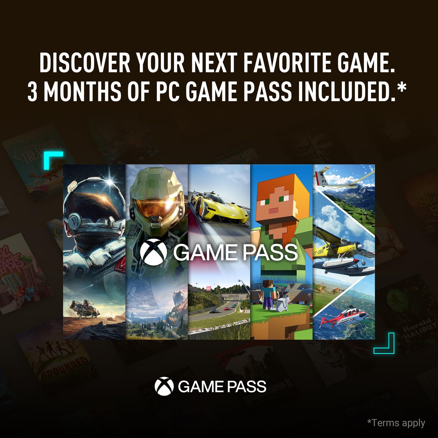 Xbox Game Pass promotional image featuring various games and offer of 3 months included.