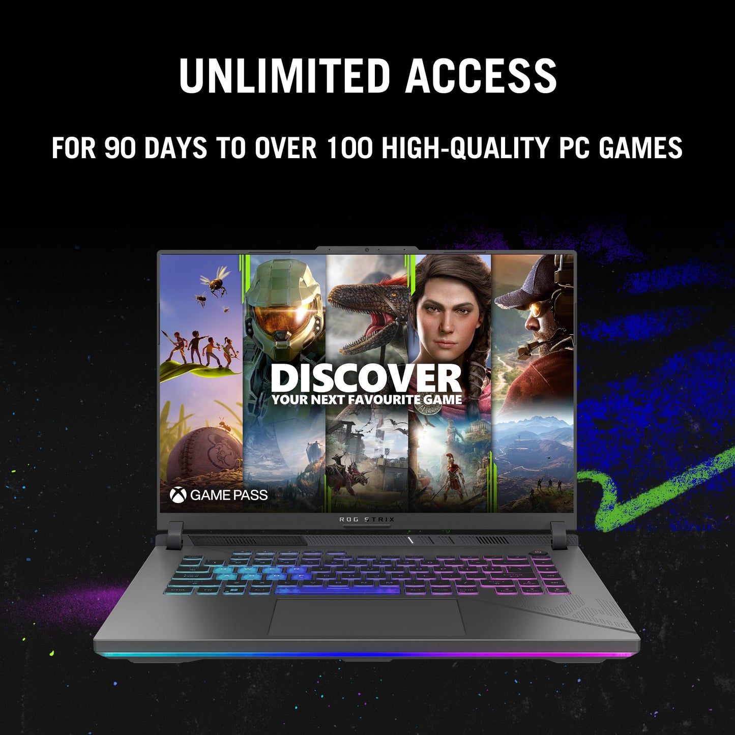 ASUS gaming laptop showcasing unlimited access to 100+ high-quality PC games with Game Pass for 90 days.