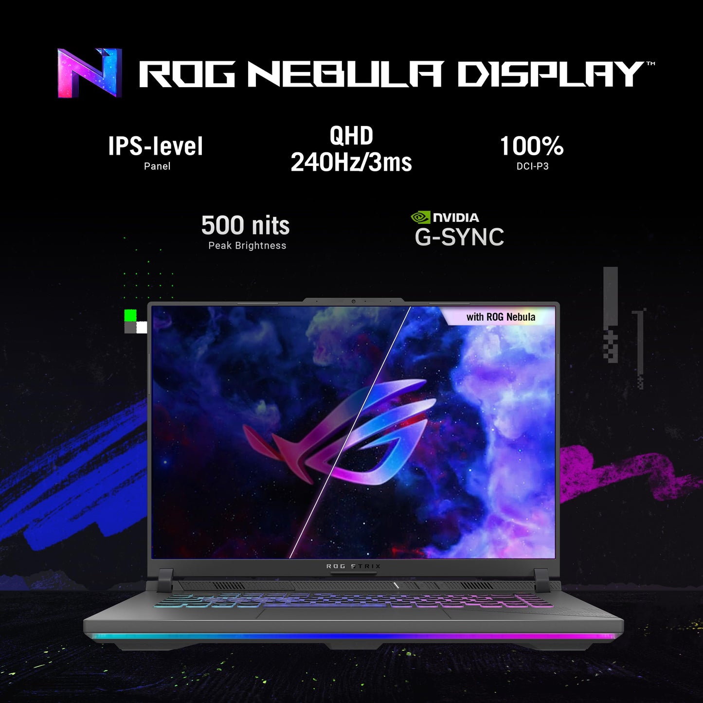 ASUS ROG Strix G16 gaming laptop showcasing ROG Nebula Display features, including QHD 240Hz, 500 nits brightness, and G-SYNC.