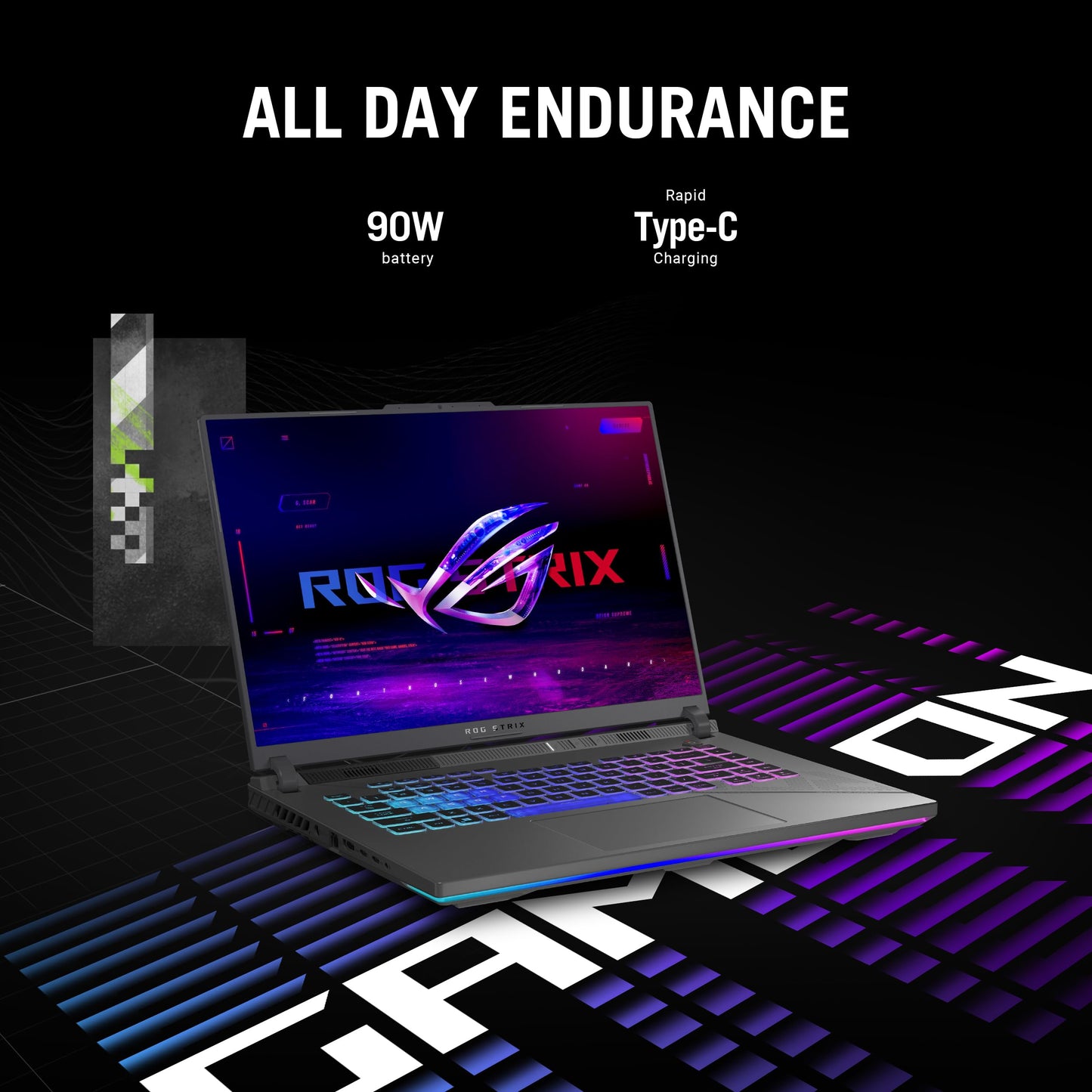 ASUS ROG Strix G16 gaming laptop showcasing its 90W battery and rapid Type-C charging features with vibrant display design.