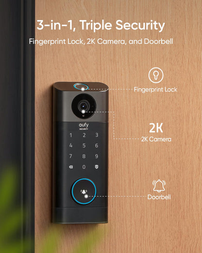 eufy Security Video Smart Lock S330, Chime Included, 3-in-1 Camera+Doorbell+Fingerprint Keyless Entry,BHMA, WiFi Door Lock,App Remote Control,2K HD,No Monthly Fee,SD Card Required - متجر الجيل العربي الرقمي